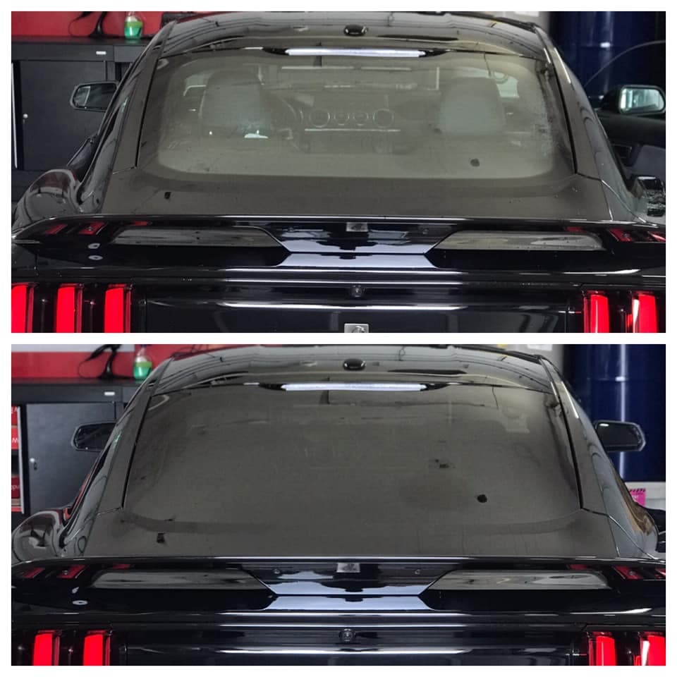 Ford Mustang rear window before and after window tint